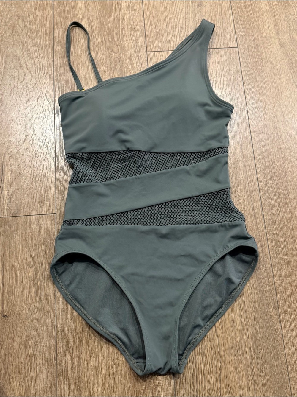 Carmen Marc Valvo Asymmetrical One-Shoulder Mesh-Panel Swimsuit in Slate Green,8
